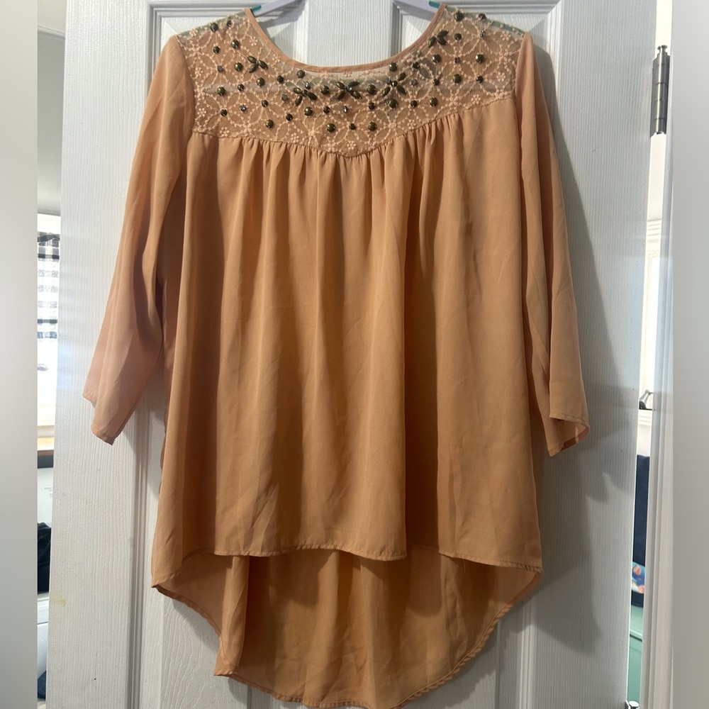 BKE Tan Blouse with Embroidered Detail